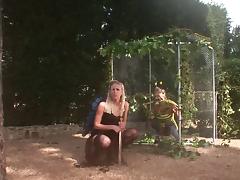 Gorgeous blonde with a hot body enjoying a hardcore gangbang in her garden