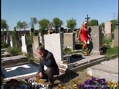 Old guy visiting the graveyard finds a cute teen in need of fucking