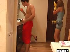 Cleaning ladies laugh at his soft small cock and blow him together
