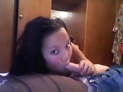 Cute asian girl sucks, rides and gets creampied by her white bf.