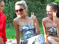 Wet and messy lesbian orgy outdoors with drunk babes