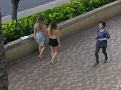 Outdoor performance with bikini ladies kissing and fingering beach sex