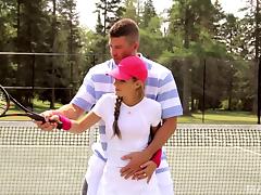 Busty Kathy Rose has a different way of play tennis then the usual one