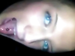 Blue eyes showing and swallowing cum