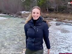 Busty teen gets a huge cumshot while fucking in the snow