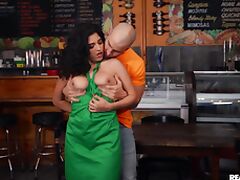Curly haired Gabriela Lopez fucked in a bar by a hot stranger
