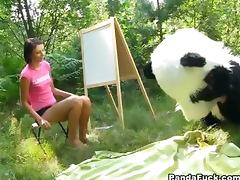 Sex in the woods with a huge toy panda