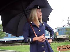 Flight stewardess pussy fucked at the back of the wheels